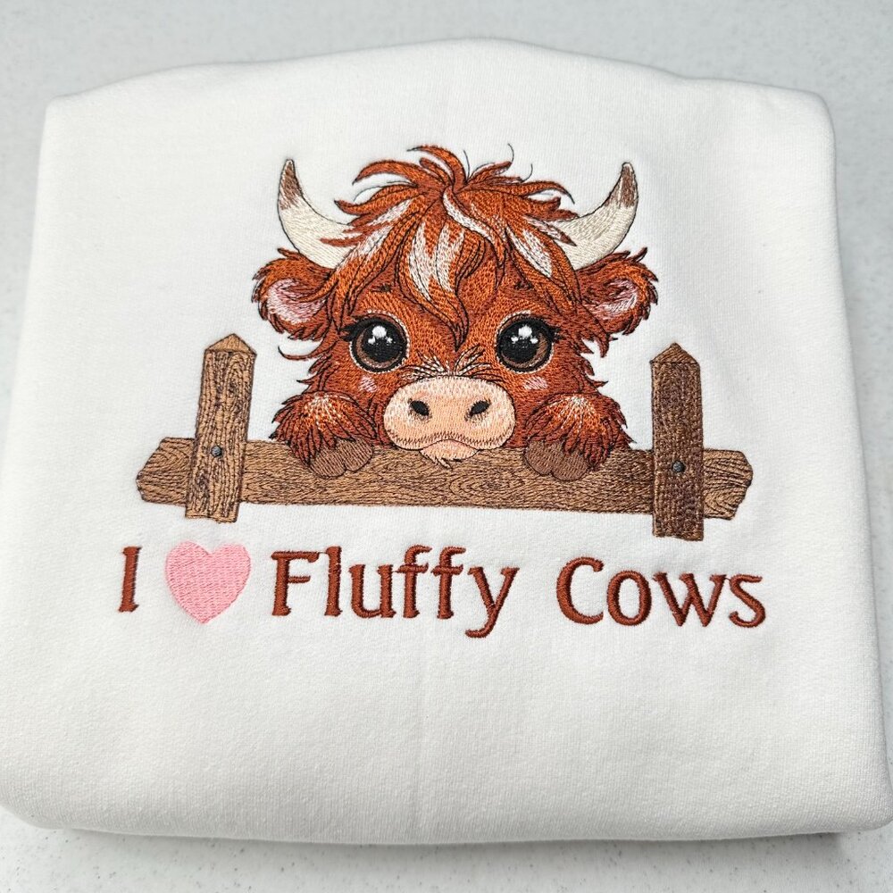Highland Cow Sweatshirt Embroidered I Love Fluffy Cows Adult Unisex Crewneck
